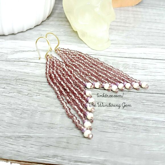 Pink & White Beaded Fringe Cascade Shoulder Duster Dangle Earrings, 3.5" - Picture 6 of 7